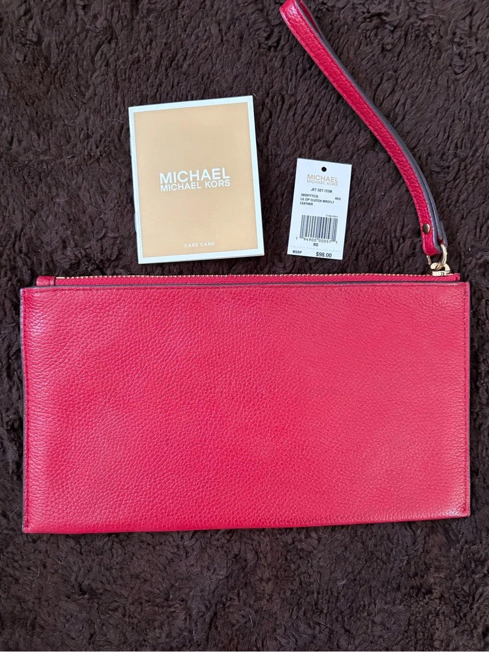 Michael Kors Red Pebbled Leather Wristlet Clutch with Gold Logo